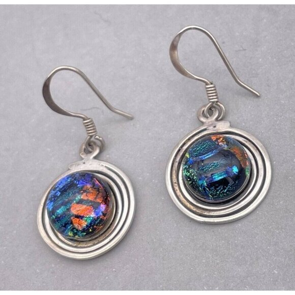 925 Sterling Silver Round Dichroic Glass Dangle Drop Earring Hook Closure - Picture 6 of 11
